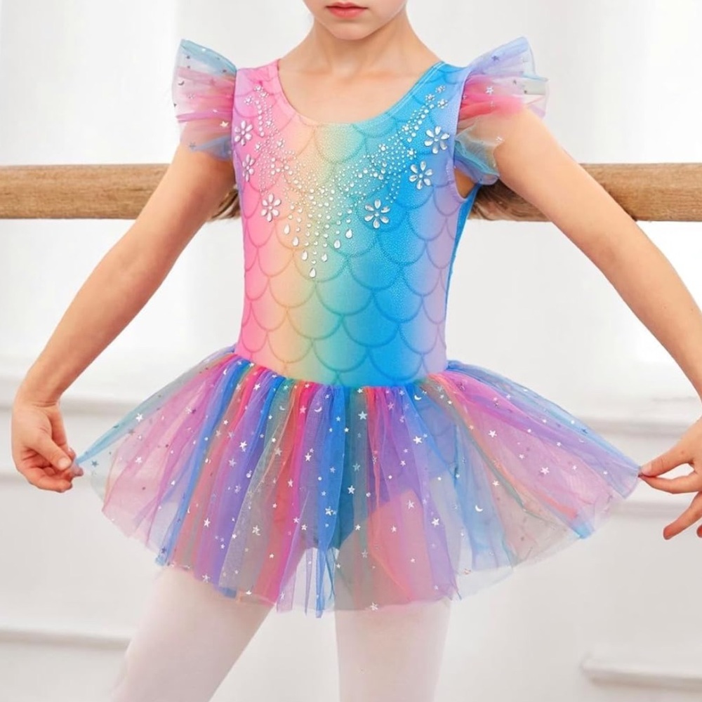 Zaclotre Mermaid Rainbow Ruffle Sleeve Ballet Skirted Leotard Dance Tutu Dress
